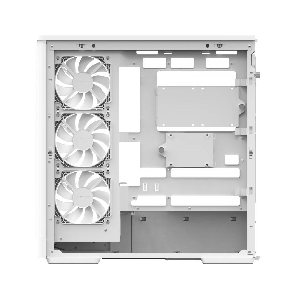 Offenes weißes Computergehäuse-Innenleben mit drei großen vorderen Lüftern und leeren Laufwerkschächten, die ein sauberes PC-Gehäuse-Layout zeigen.