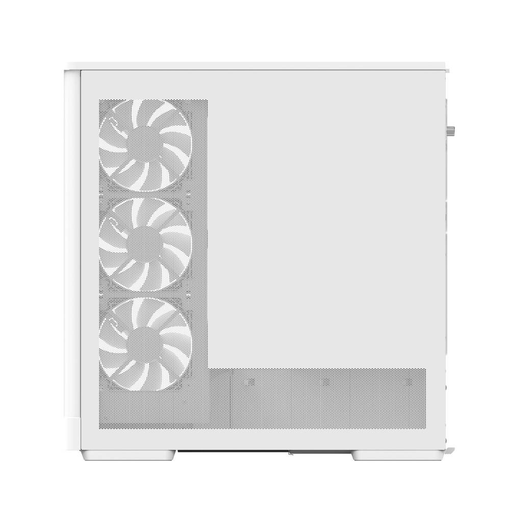 Weißes Computergehäuse mit drei übereinander angeordneten Kühlventilatoren, die auf dem linken Seitenpanel sichtbar sind.