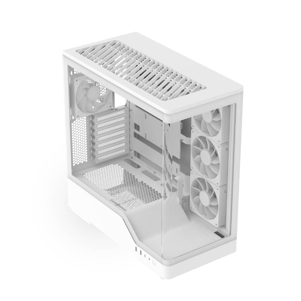 Weißes Desktop-Computergehäuse mit gehärtetem Glasseitenpanel und drei vorderen Lüftern, leer auf weißem Hintergrund dargestellt.
