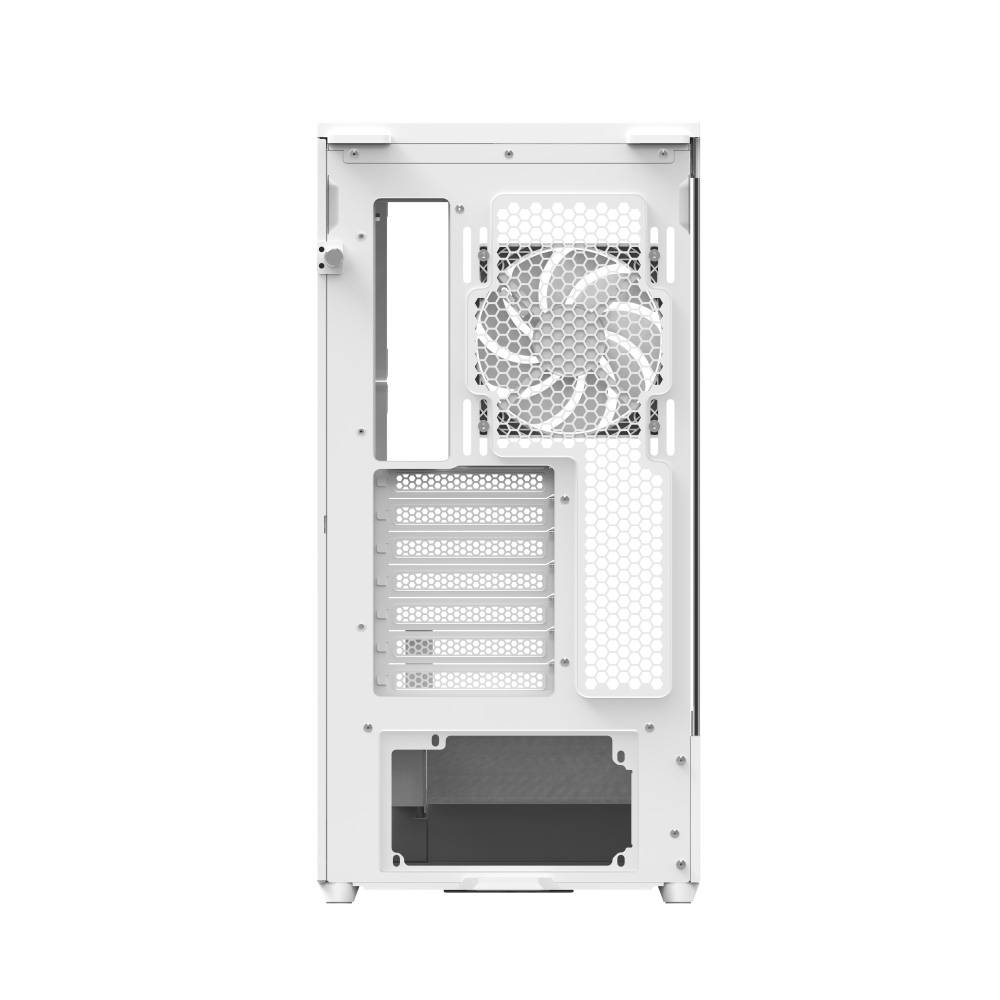 Weißes PC-Gehäuse mit Seitenblech/Rückblech, Lüftungslöchern, Lüfterbefestigung, Erweiterungssteckplätzen und PSU-Öffnung.