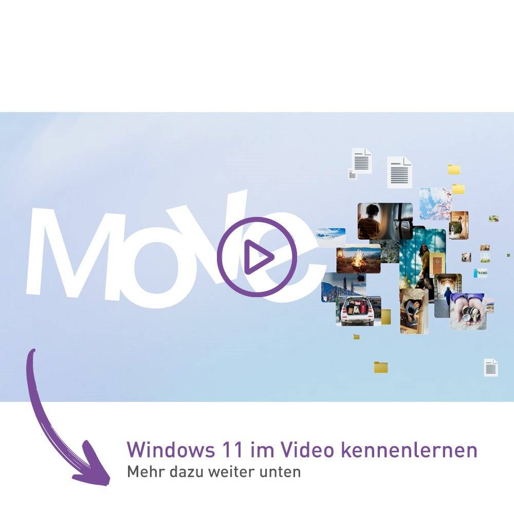 Werbebanner für "Windows 11 im Video kennenlernen"" mit großem violettem Play-Symbol über ""Move"" und einer Collage von Media-Miniaturansichten auf blauem Hintergrund.