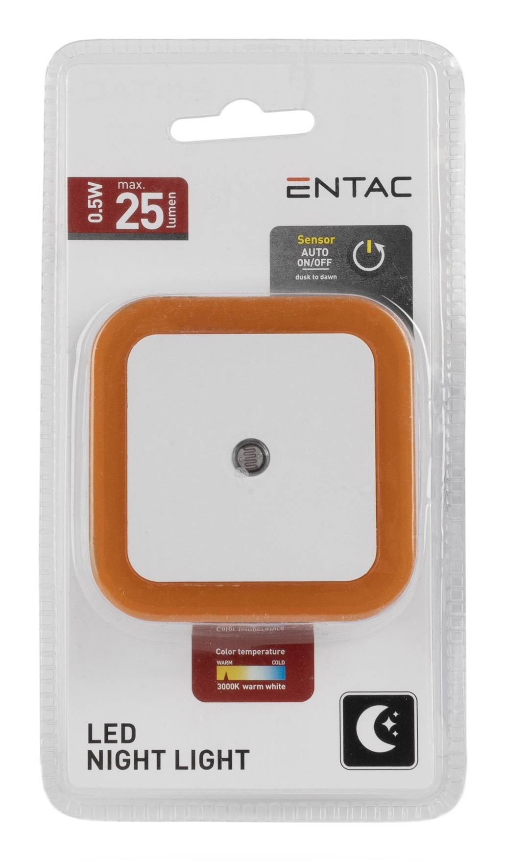 Verpackung für eine ENTAC LED-Nachtleuchte, weiße quadratische Leuchte mit orangefarbenem Rahmen; Etiketten zeigen 0,5W, max. 25W, Sensor automatisch ein/aus, und 3000K warmweiß.