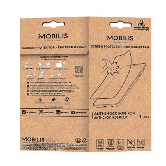 Zwei Mobilis Displayschutzfolien-Pakete, je eines für die Vorderseite und eines für die Rückseite, mit einem stoßfesten IK06-Schutz für ein Telefon.