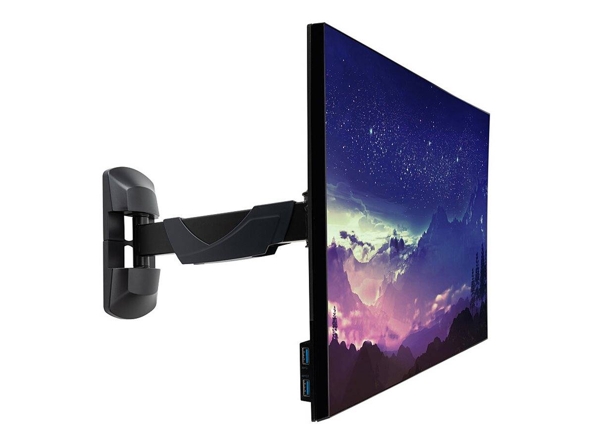 Flachbildfernseher auf einer Wandhalterung mit artikuliertem Arm, gezeigt in Seitenansicht auf weißem Hintergrund.