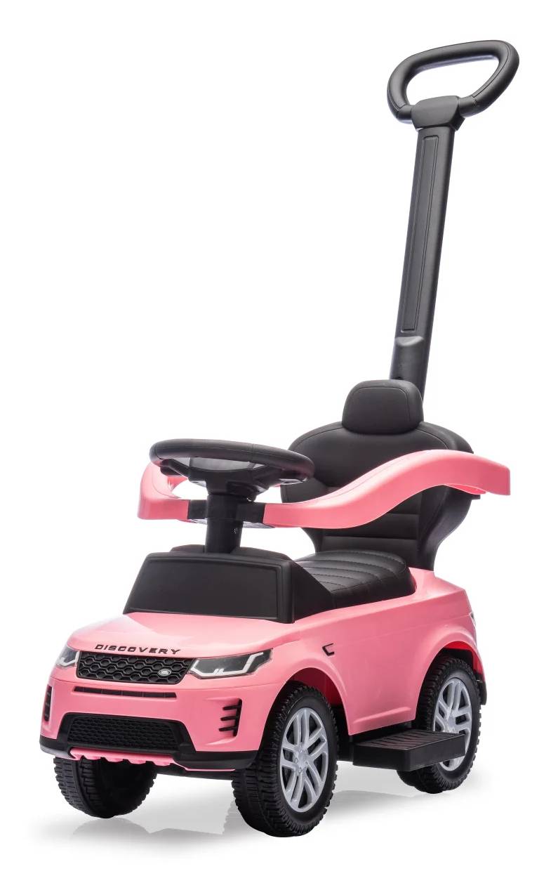 Rosa Kinderfahrzeug zum Draufsitzen mit Schiebestange, Lenkrad und Sitz, auf weißem Hintergrund dargestellt.