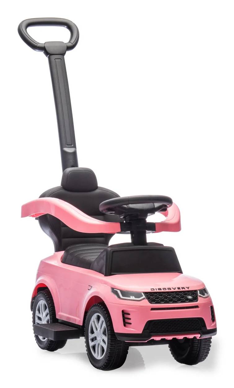 Rosa Rutschauto in Form eines Discovery SUV mit hohem Schiebegriff und Sicherheitsbügel auf weißem Hintergrund.