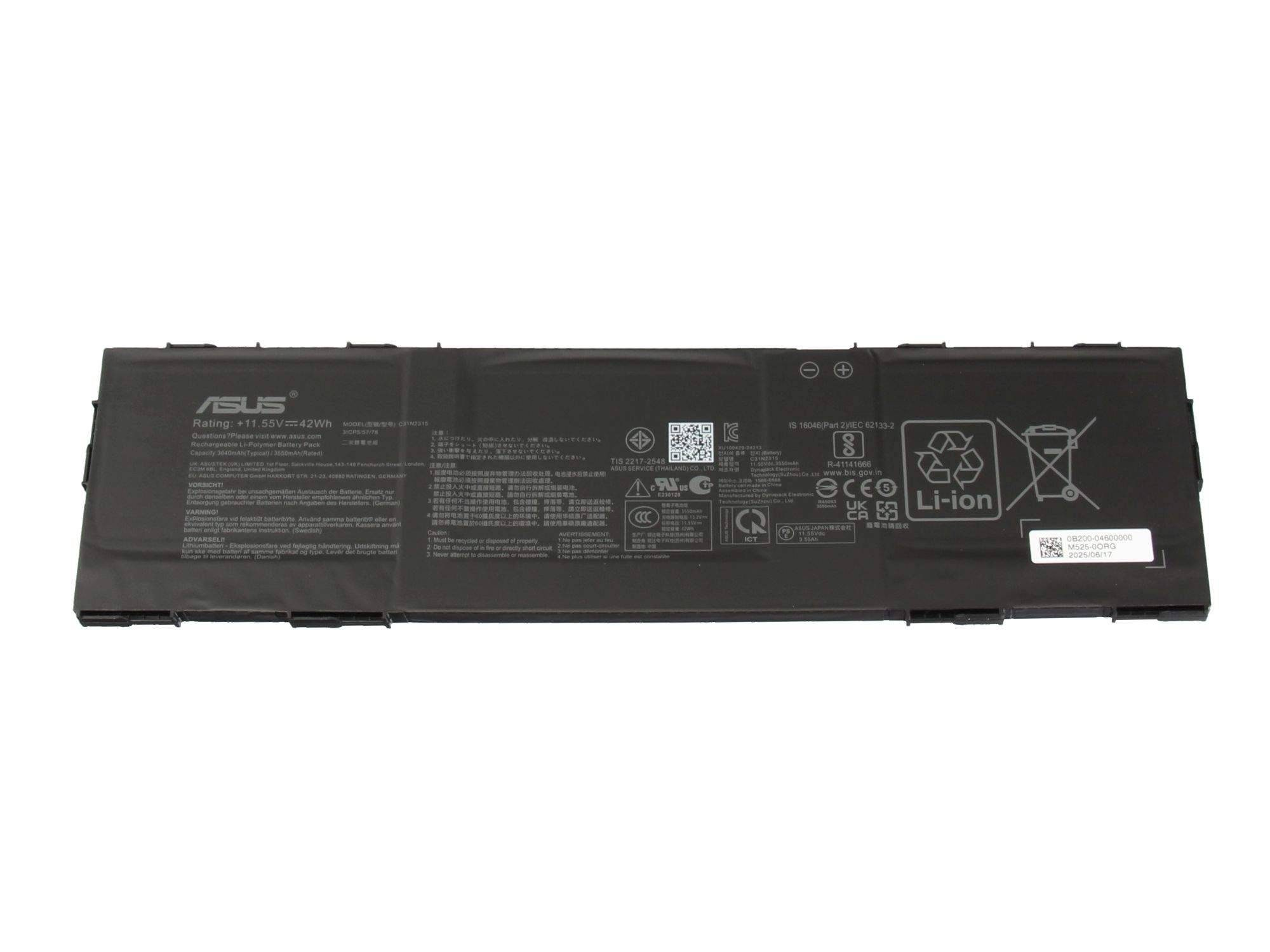 Schwarzes ASUS-Laptop-Akkupack mit Li-Ionen-Recycling- und Sicherheitsetiketten auf weißem Hintergrund
