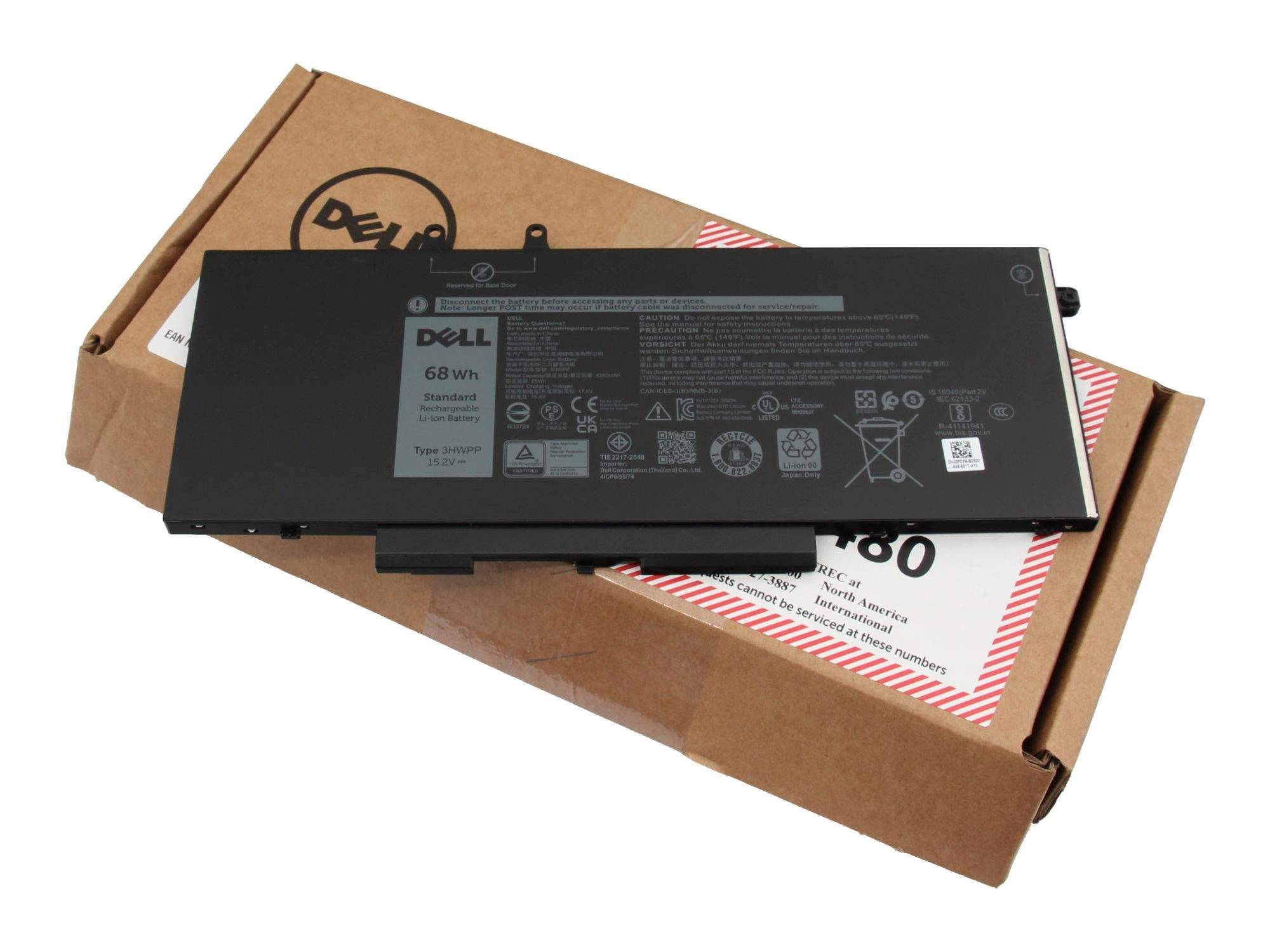 Dell-Laptop-Akku auf einem Dell-Kartonversandkarton.