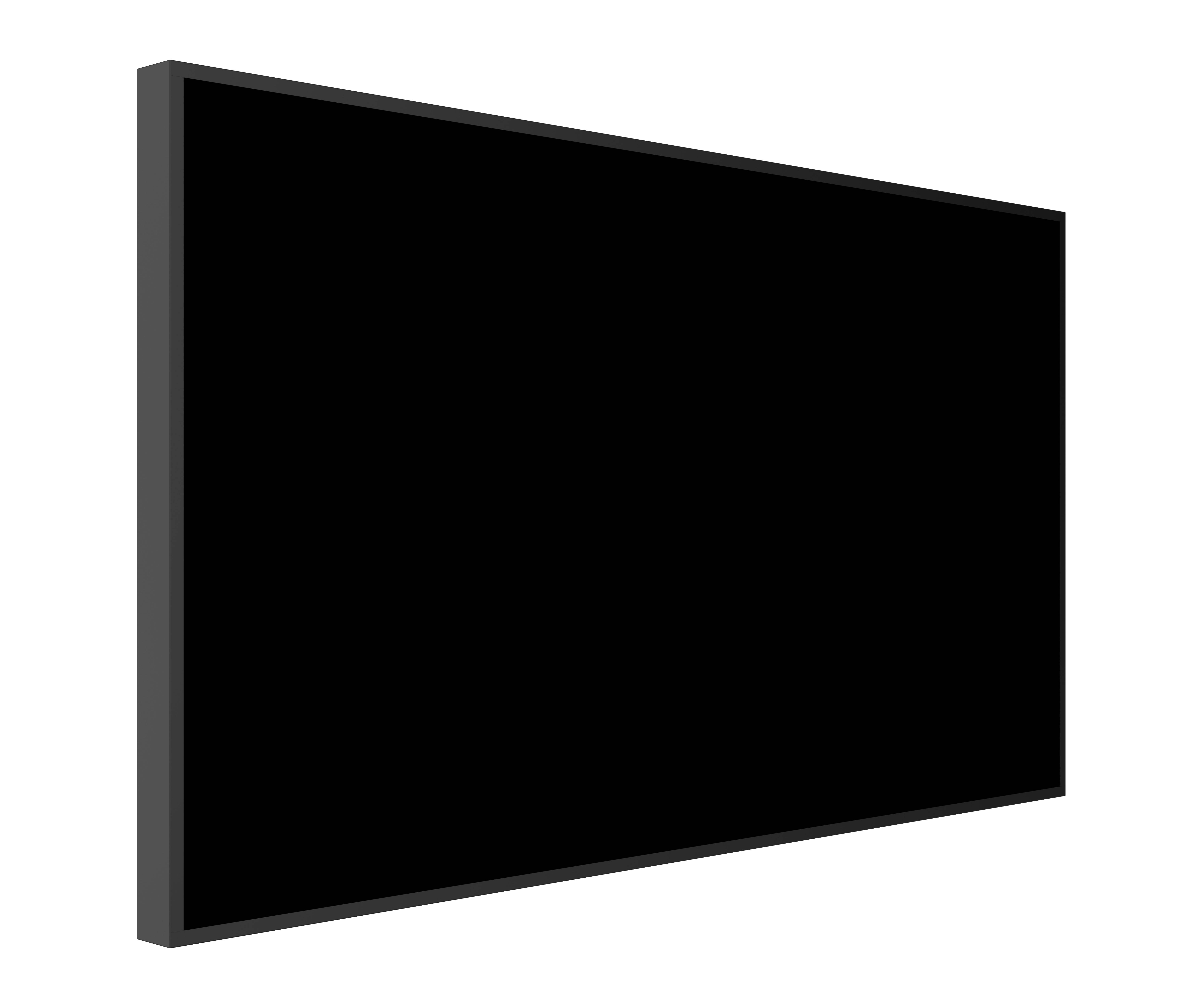 Ein leeres schwarzes Flachbildschirm-Display, das in einem Winkel betrachtet wird, mit einem dünnen dunklen Rahmen auf weißem Hintergrund.