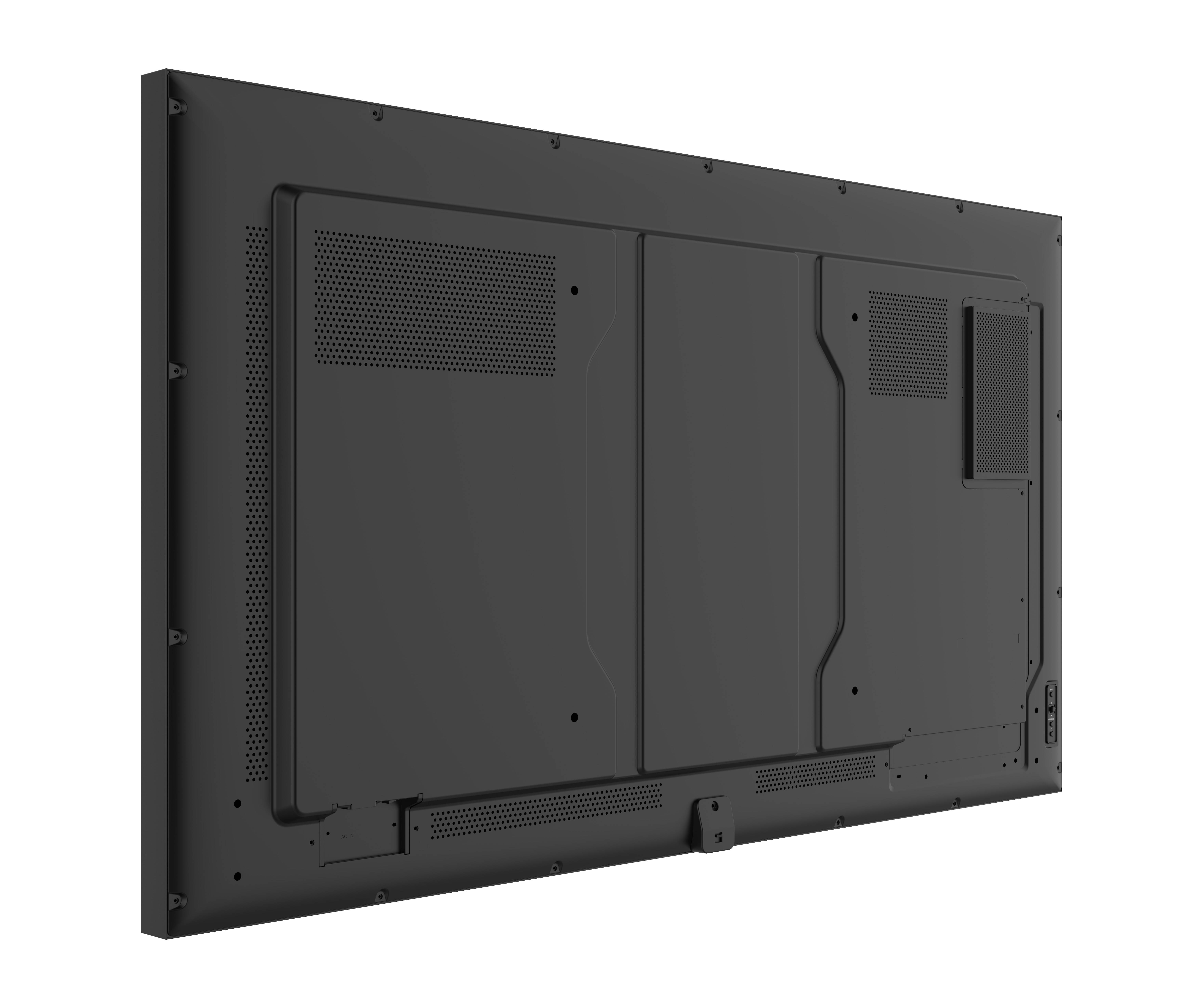 Rückansicht eines Flachbildfernsehers mit Rückwand, Lüftungsöffnungen, Befestigungspunkten und Abdeckung für den Zugang zu den Eingängen.