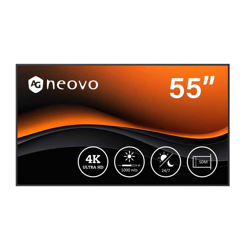 Werbebild eines 55-Zoll-4K-Ultra-HD-Displays von AG Neovo mit 1000-Nits-Helligkeit, 24/7-Nutzung und SDM-Unterstützung.