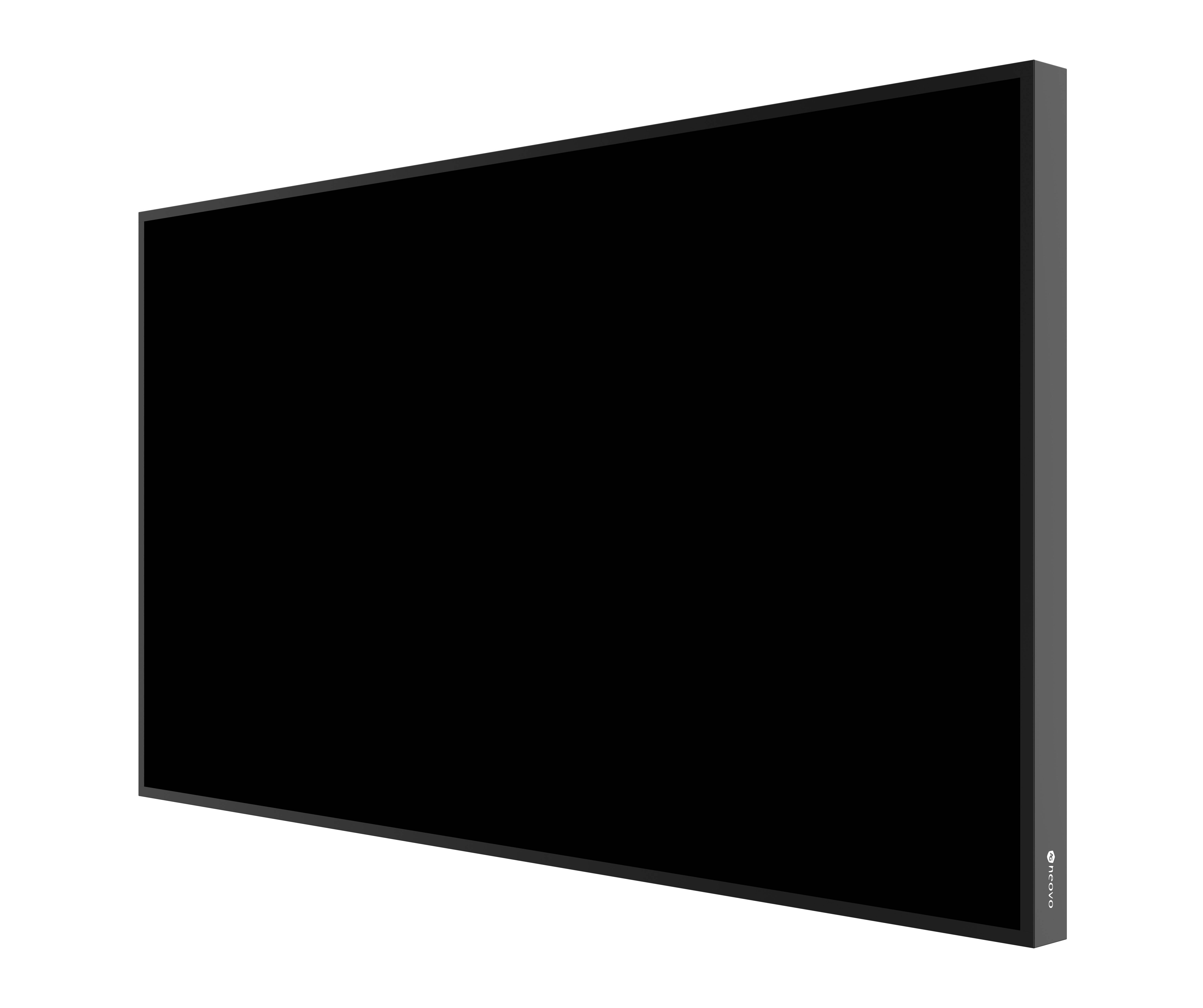 Großer Flachbildfernseher in schräger Ansicht, mit schwarzem leeren Bildschirm und dunkelgrauem Rahmen auf weißem Hintergrund.