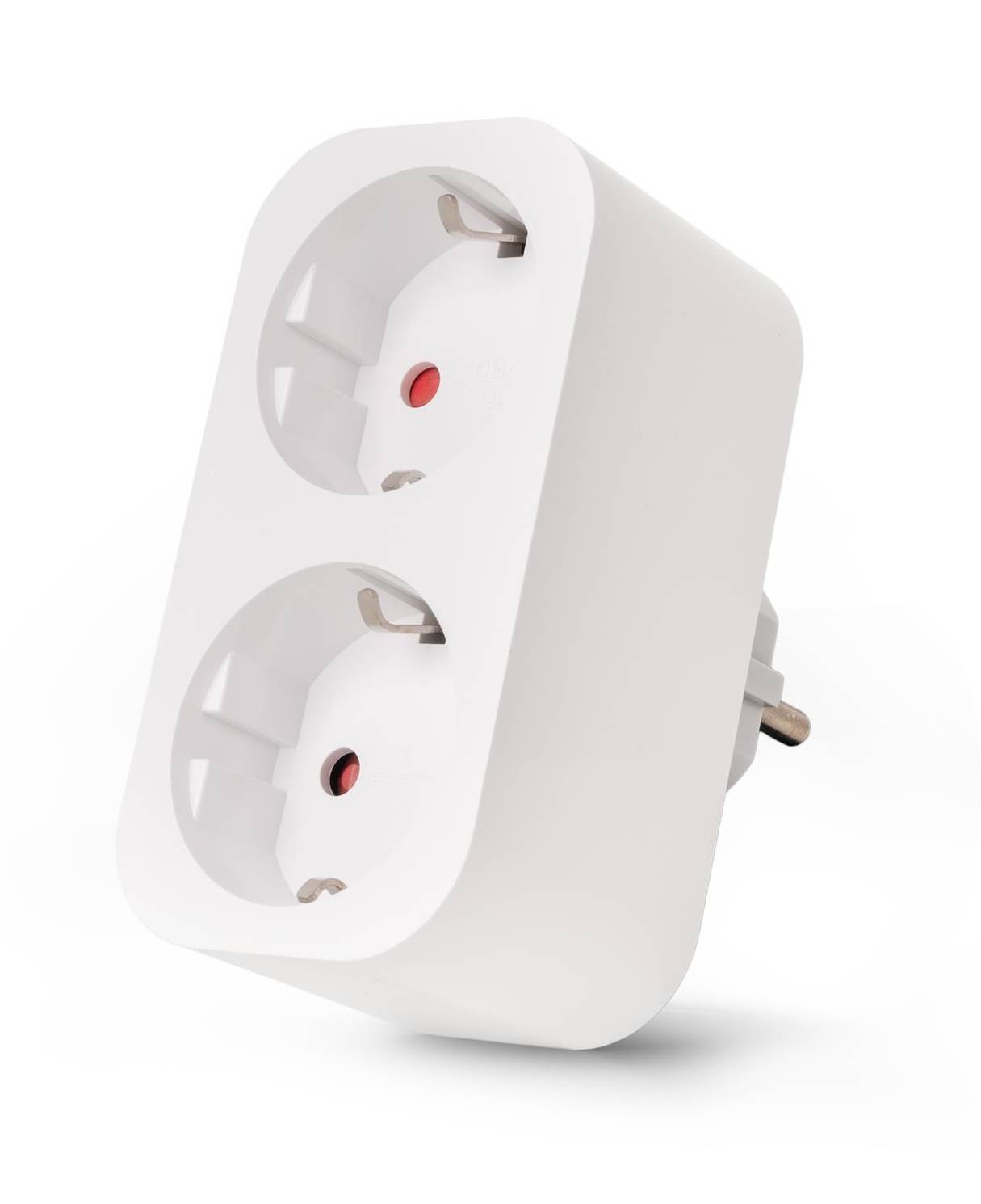 Weißer Doppelstrom-Steckdosenadapter mit zwei europäischen Steckdosen und roten Sicherungseinsätzen, gezeigt auf weißem Hintergrund.