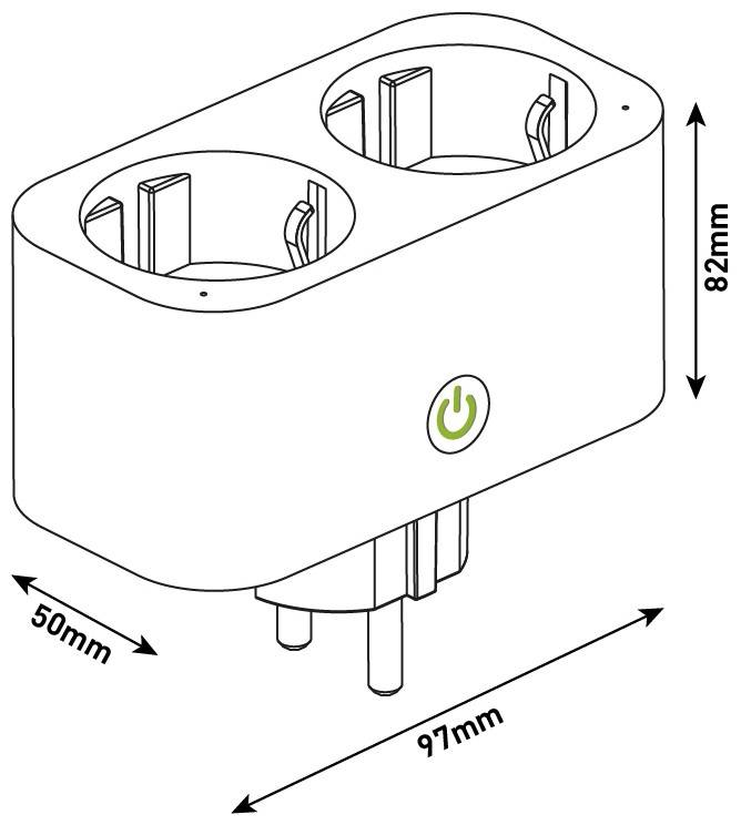 Diagramm eines Dual-Socket-Steckdosenadapters mit Ein-/Ausschalter, mit gekennzeichneten Abmessungen von 97 mm Länge, 50 mm Breite und 82 mm Höhe.