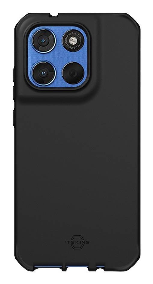 Schwarze Smartphone-Hülle mit erhöhtem blauem Kameraring-Ausschnitt für eine dreifach-Linsen-Handykamera.