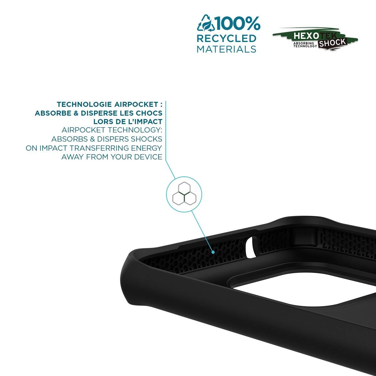 Grafik einer schwarzen Handyhüllenkante mit der Bezeichnung „100 % recycelte Materialien" und „Hexotek-Stoßschutz"", die die Lufttaschentechnologie hervorhebt, die Stöße absorbiert und verteilt.