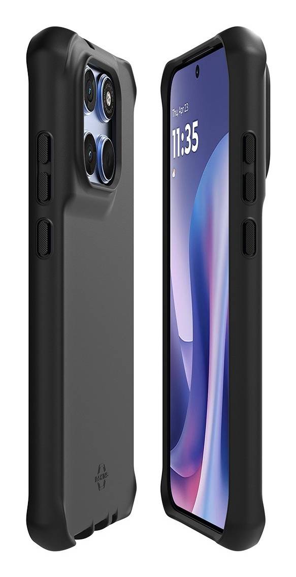 Schwarze Schutzcase für Smartphones, von vorne und hinten gezeigt, mit erhöhten Kanten und Kameraausschnitt, die ein Telefondisplay umschließt.