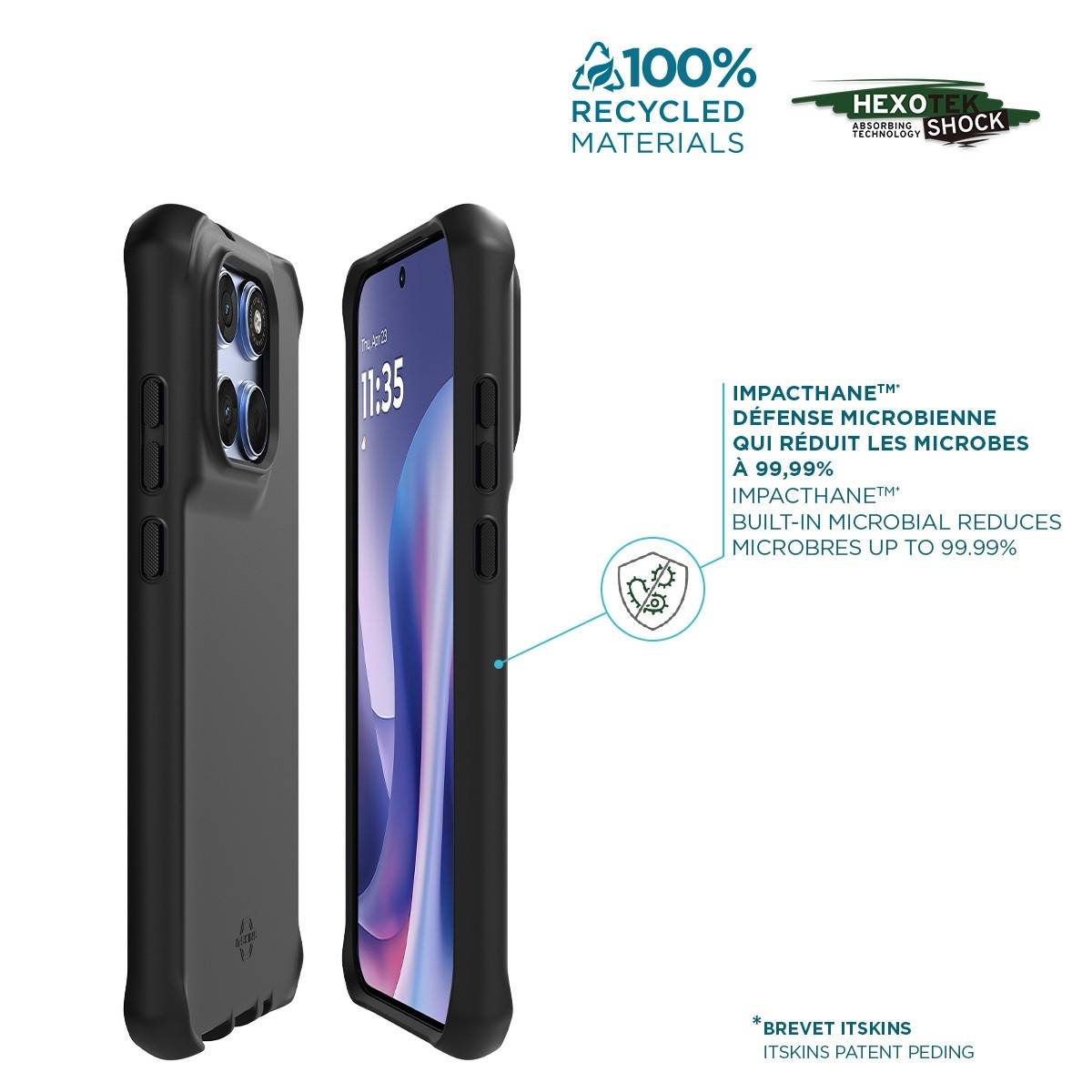 Schwarze Smartphone-Schutzhülle von vorne und hinten gezeigt, mit Hervorhebung von 100 % recycelten Materialien, Hexotek-Stoßschutz und antimikrobielle 'ImpacTane'-Beschichtung, die Mikroben um bis zu 99,99 % reduziert.
