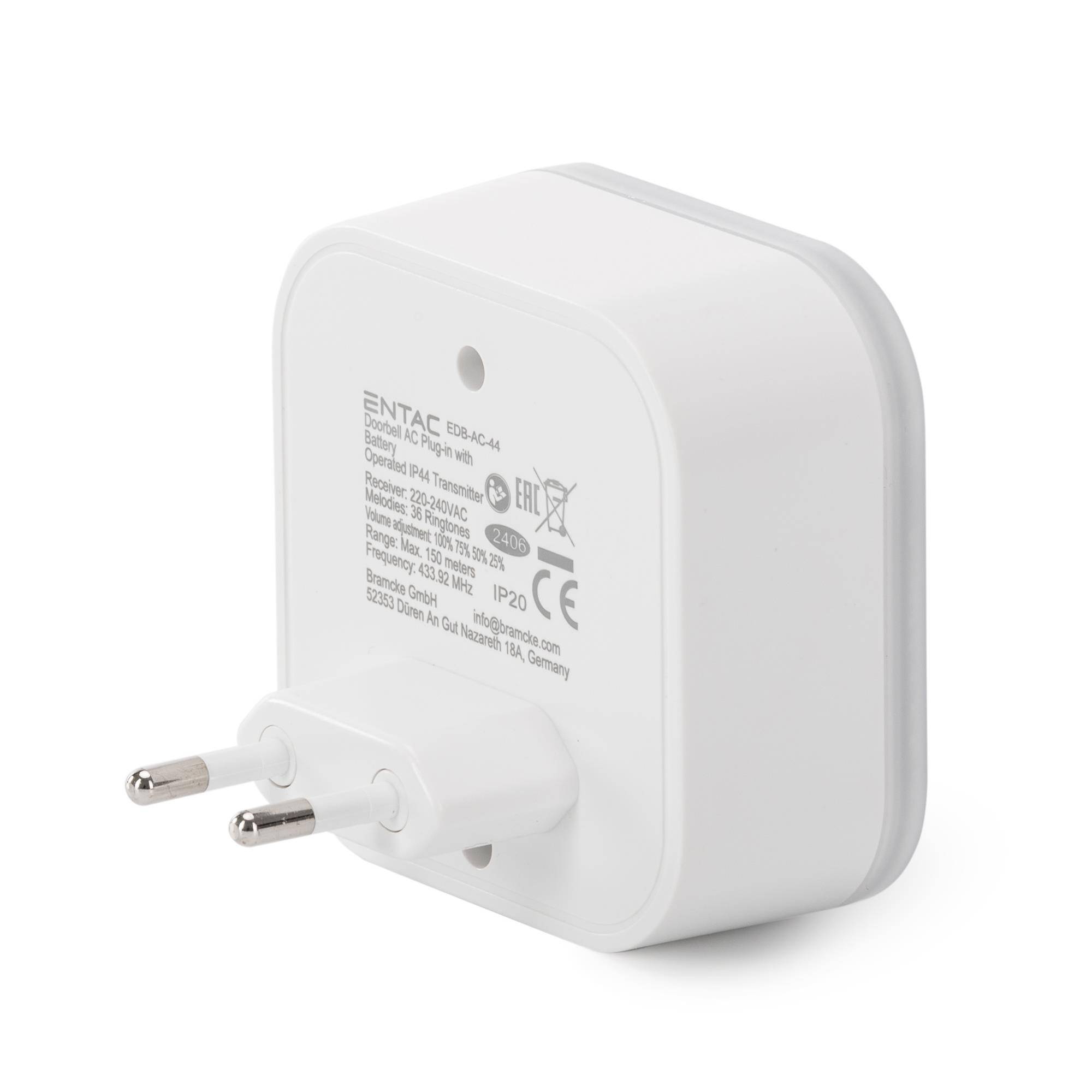 Weißer ENST AC-Adapter/Ladegerät mit zwei runden Stiften, gezeigt auf einfachem Hintergrund mit sichtbarem Produktetikett.