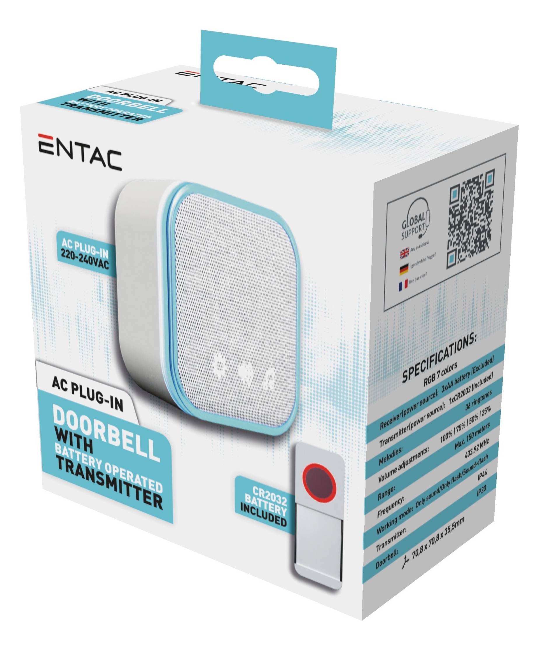 Verpackung für einen ENTAC AC-Stecker kabellosen Türklingel-Sender mit batteriebetriebener Taste, zeigt das Gerät, die enthaltene CR2032-Batterie und ein Spezifikationspanel.