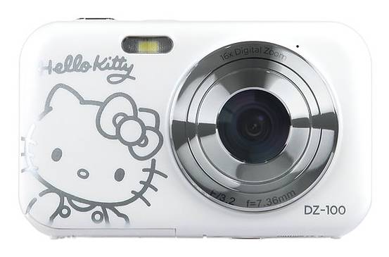 Weiße Hello Kitty Digitalkamera mit großem silbernem Objektiv und der Aufschrift 