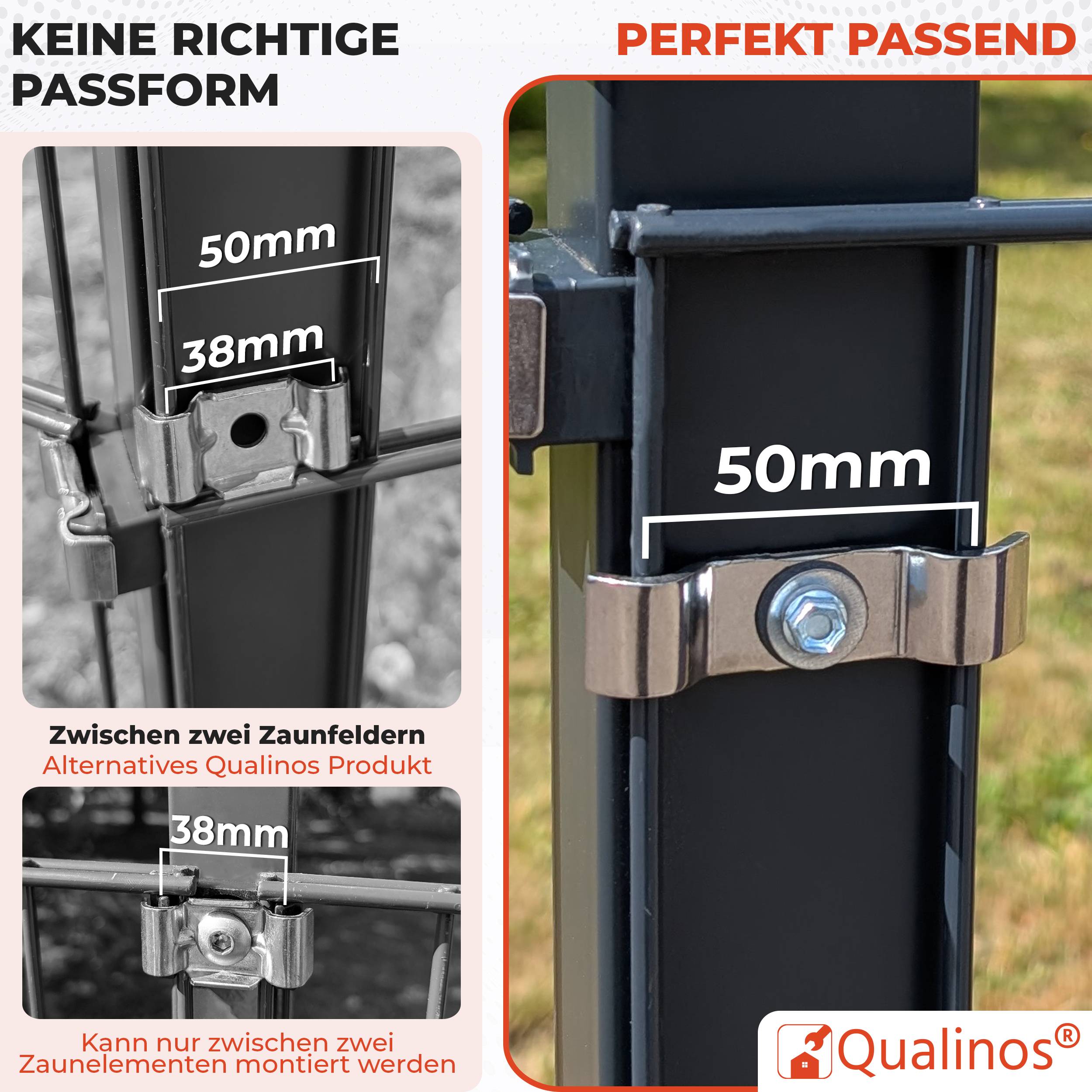 Vergleich der Zaunklammerpassform: links zeigt eine fehlerhafte Passerform mit 38-mm-Spalt, rechts zeigt eine perfekte Passform mit einer 50-mm-Klemme an einem Pfosten.