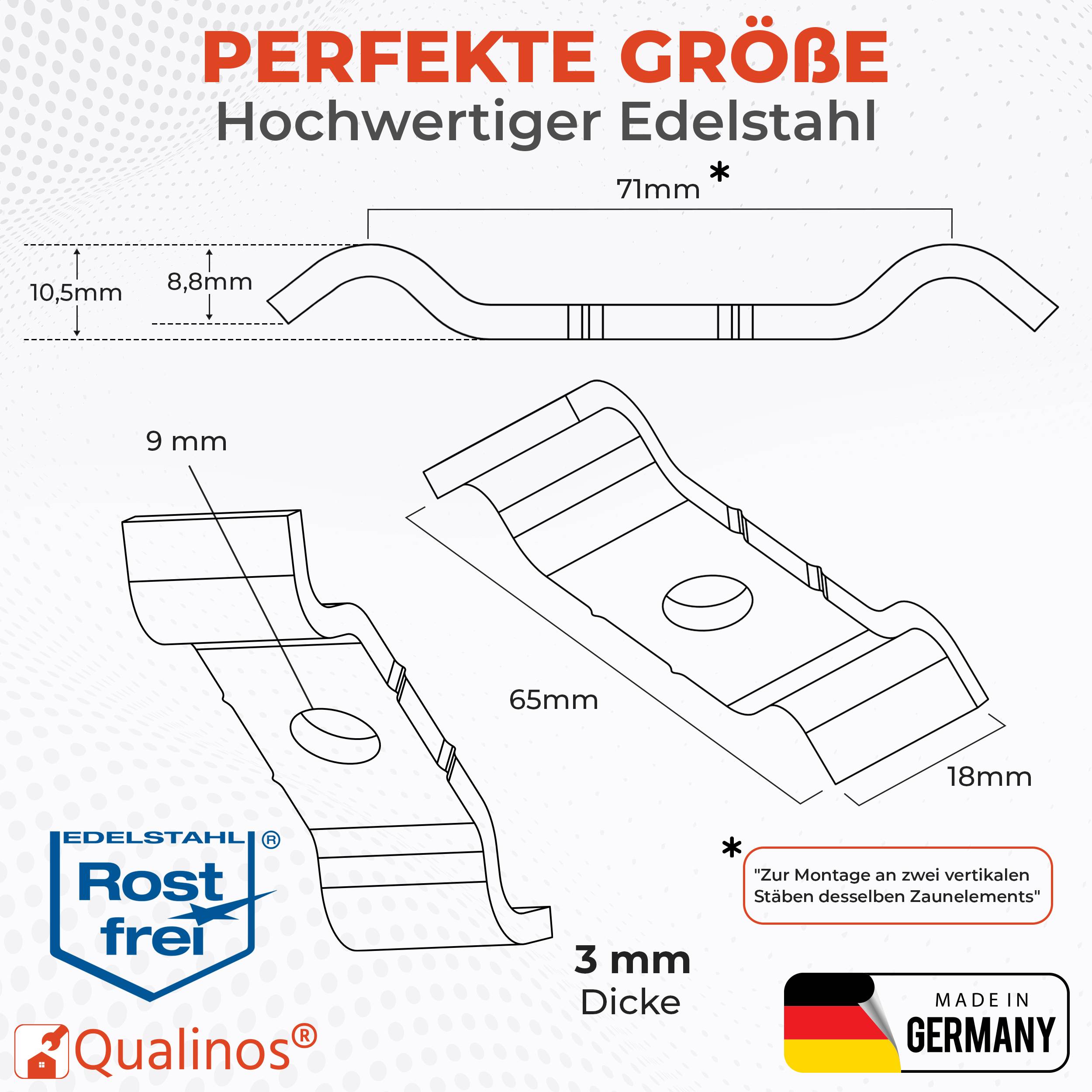 Diagramm einer Edelstahlzaunklammer mit Abmessungen: 71 mm breit, 65 mm lang, 18 mm tief, 3 mm dick, mit Höhenmessungen von 8,8 mm und 10,5 mm; gekennzeichnet mit „Made in Germany