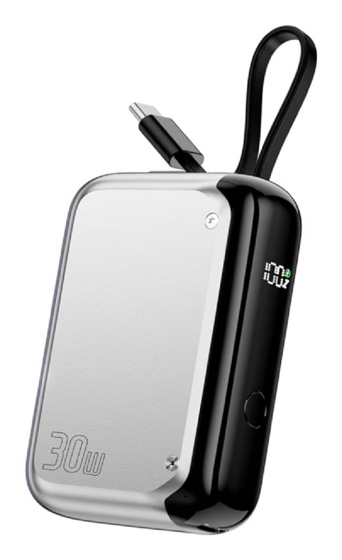 Kompakte 30-W-Powerbank mit integriertem USB-C-Kabel, digitaler Batterieanzeige und Schlaufenriemen auf weißem Hintergrund.