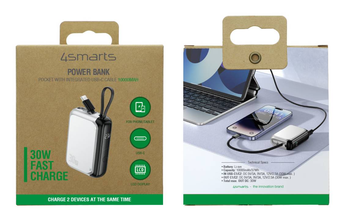 Verpackung für eine 4smarts-Powerbank mit integriertem USB-C-Kabel, zeigt das Gerät von vorne und hinten, 30W Schnellladung, 10.000mAh Kapazität und gleichzeitiges Laden von zwei Geräten.