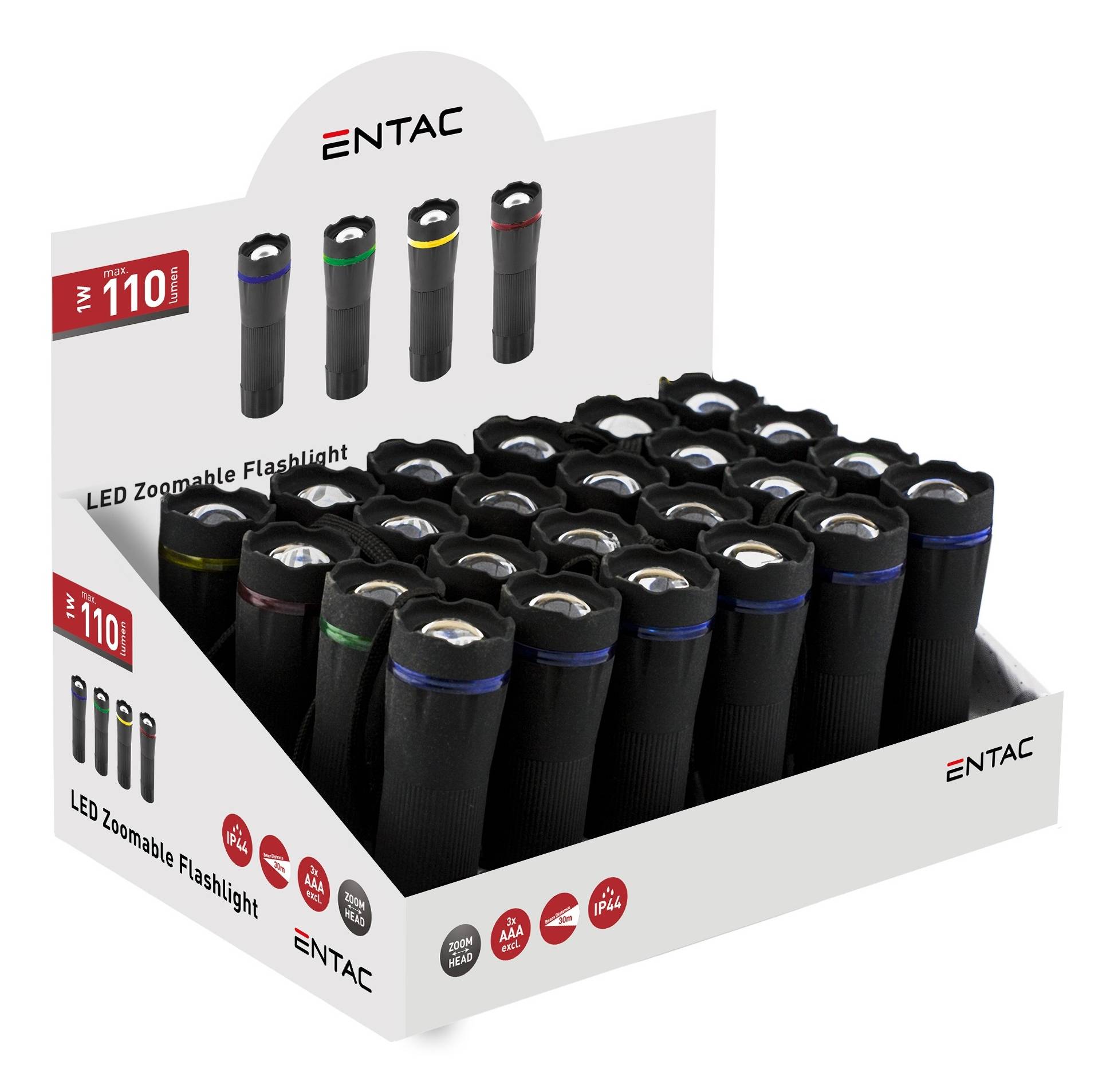 Displaybox mit ENTAC LED zoombare Taschenlampen, zeigt mehrere schwarze Taschenlampen mit farbigen Ringen und einer Packungsetikette mit der Angabe "110 m"" Reichweite.