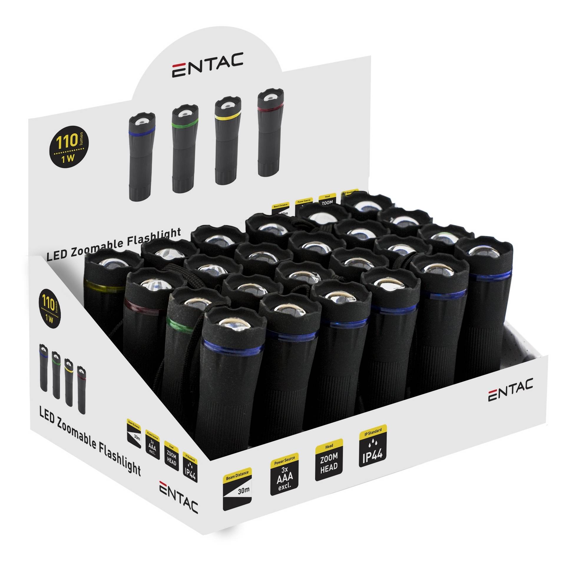 Anzeigekarton mit ENTAC LED-Zoomfackeln, der mehrere schwarze Taschenlampen mit farbigen Ringen und Paketetikett für 110 lm, 1 W, 200 m Lichtkegel, AAA und IP44 zeigt.