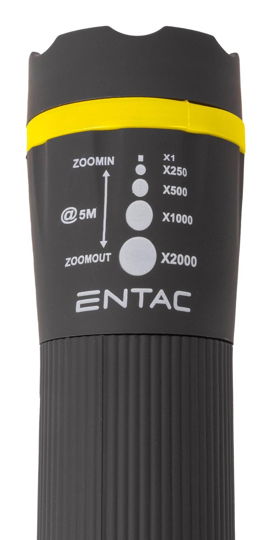 Schwarze Entac Zoomin Taschenlupe mit gelbem Band, beschriftet mit Zoom in/Zoom out und Skalierungsmarkierungen von 5x bis 2000x
