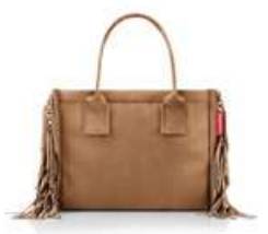 Beige Ledertasche mit Fransen-Quasten an den Seiten und einem oberen Griff, gezeigt vor weißem Hintergrund.