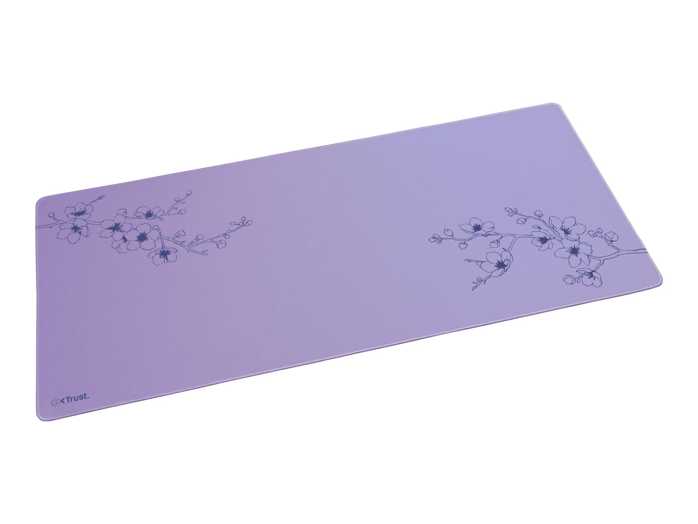 Lavendelviolette rechteckige Schreibtischunterlage mit zarten Blumeneckendesigns und abgerundeten Kanten.