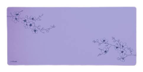 Lavendelfarbenes rechteckiges Mousepad mit zarten floralen Linienzeichnungen in der oberen linken und unteren rechten Ecke und einem kleinen "XTrust""-Logo unten links.