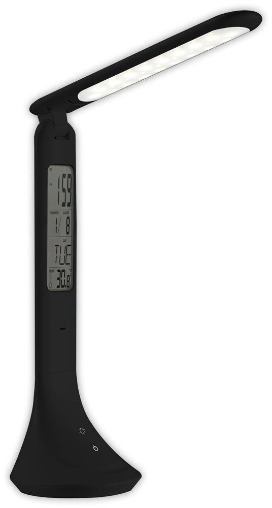 Schwarze LED-Schreibtischlampe mit digitaler Anzeige für Zeit, Datum und Temperatur auf dem Sockel.