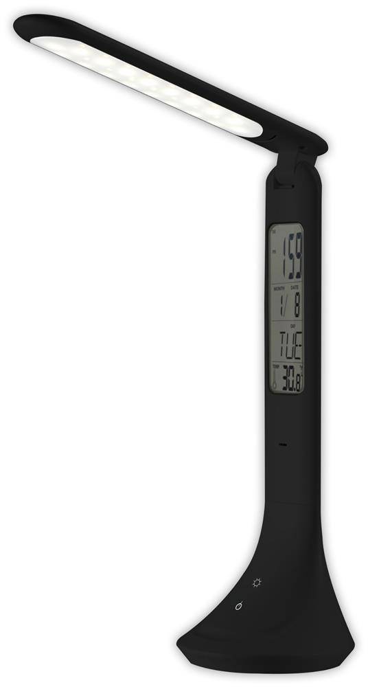 Schwarze verstellbare Schreibtischleuchte mit integriertem Digitalbildschirm, der Zeit, Datum und Temperatur anzeigt.