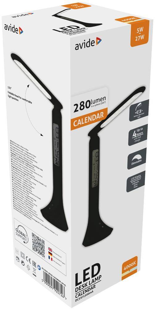 Weiße Avide LED-Schreibtischlampe Einzelhandelskarton, beschriftet mit 280 Lumen ‚KALENDER', 5W/27W, 4000K, mit Lampenabbildung und Funktionssymbolen.