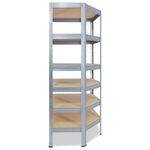 Hohes Metallregalsystem mit fünf Holzböden und abgewinkeltem Eckdesign.