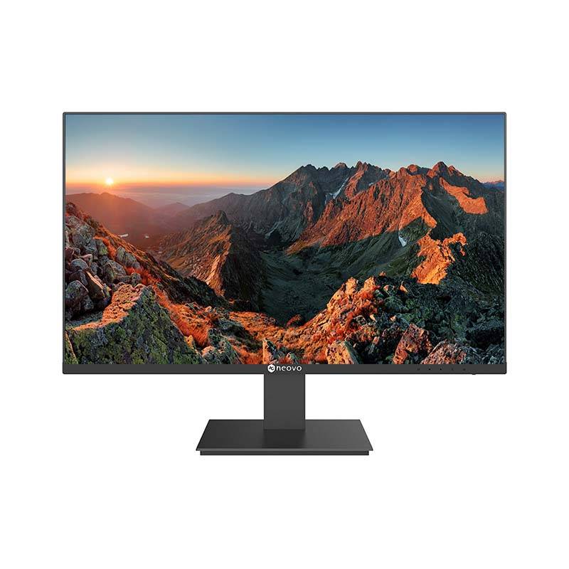 Flachbildschirm-Monitor mit Sonnenaufgang-Berglandschaft, auf einem Ständer vor weißem Hintergrund angezeigt.