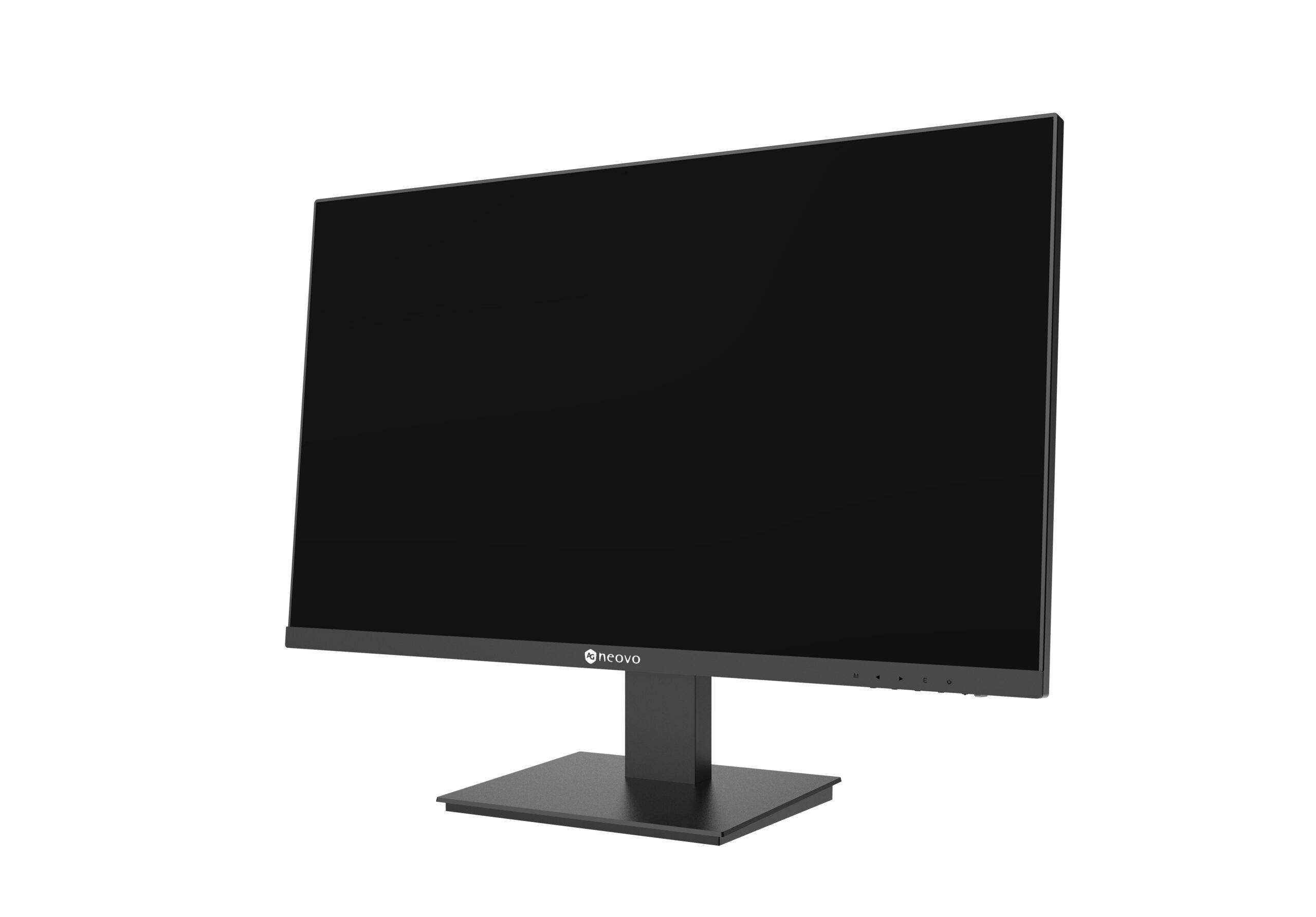 Schwarzer Lenovo-Desktop-Monitor auf einem Ständer, vor weißem Hintergrund dargestellt.