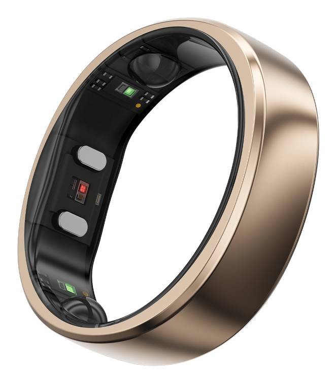 Gold-schwarzer intelligenter Ring mit integrierten Sensoren und Steuerungselementen, auf weißem Hintergrund gezeigt.