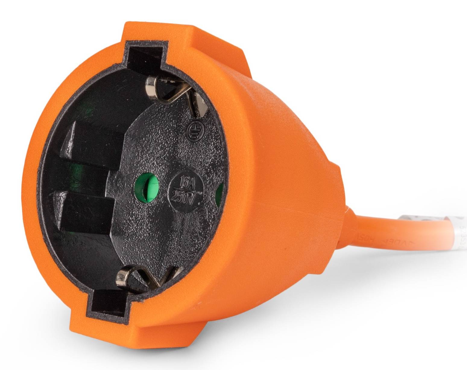 Oranger Stromadapter mit rundem schwarzem Stecker und angebrachtem Kabel auf weißem Hintergrund