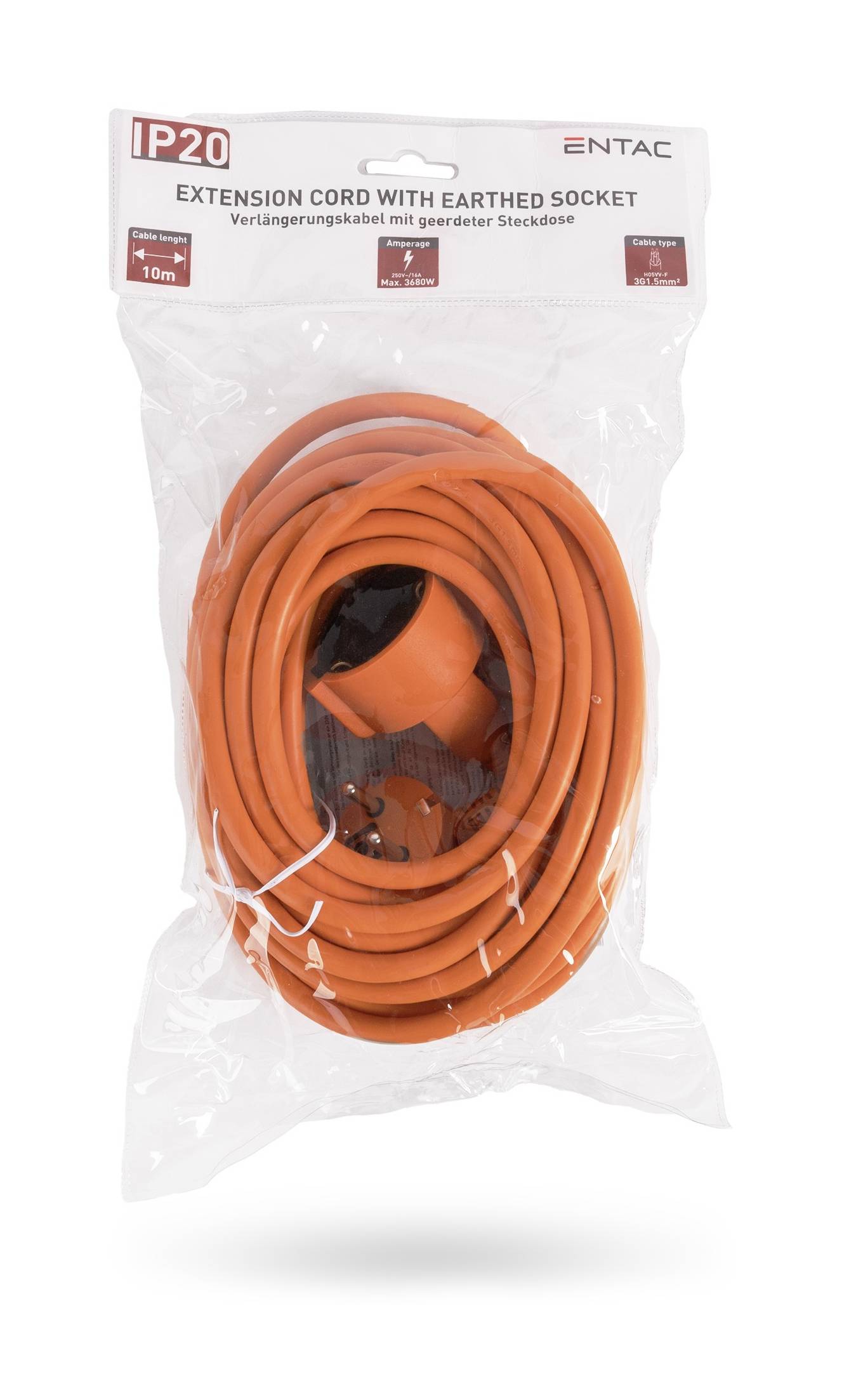 Verpackte orangefarbene Verlängerungsleitung mit geerdeter Steckdose, gekennzeichnet mit IP20 und 10m.