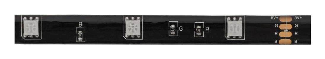 LED-Streifen-Diagramm mit Schnittpunkten mit den Bezeichnungen B, G, R und Farbkanal-Pads mit den Markierungen 5V, G, R, B.