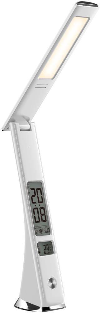 Weiße klappbare Schreibtischlampe mit eingebauter digitaler Anzeige, die 20,8°C und 23% Luftfeuchtigkeit anzeigt, sowie eine kleine Schaltfläche in der Nähe des Sockels.