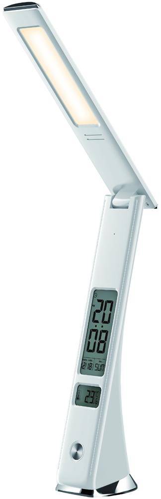 Weiße verstellbare Schreibtischlampe mit digitaler Anzeige, die die Zeit 20:08 und die Temperatur 23°C anzeigt.