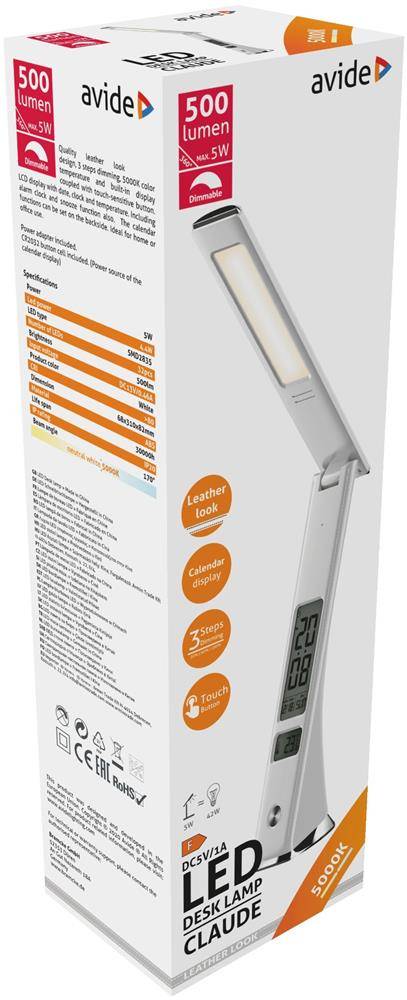 Produktverpackung für eine Avide LED-Schreibtischleuchte, die eine weiße verstellbare Lampe mit digitaler Anzeige und "500 Lumen"" Branding auf der Verpackung zeigt.