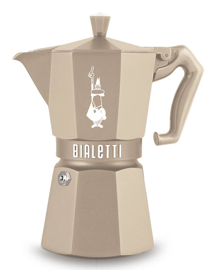 Beige Bialetti-Espressokanne für den Herd mit Griff und Deckel, gezeigt auf weißem Hintergrund.