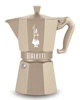 Beige Bialetti-Espressokanne für den Herd mit Griff und Ausguss, gezeigt vor weißem Hintergrund.